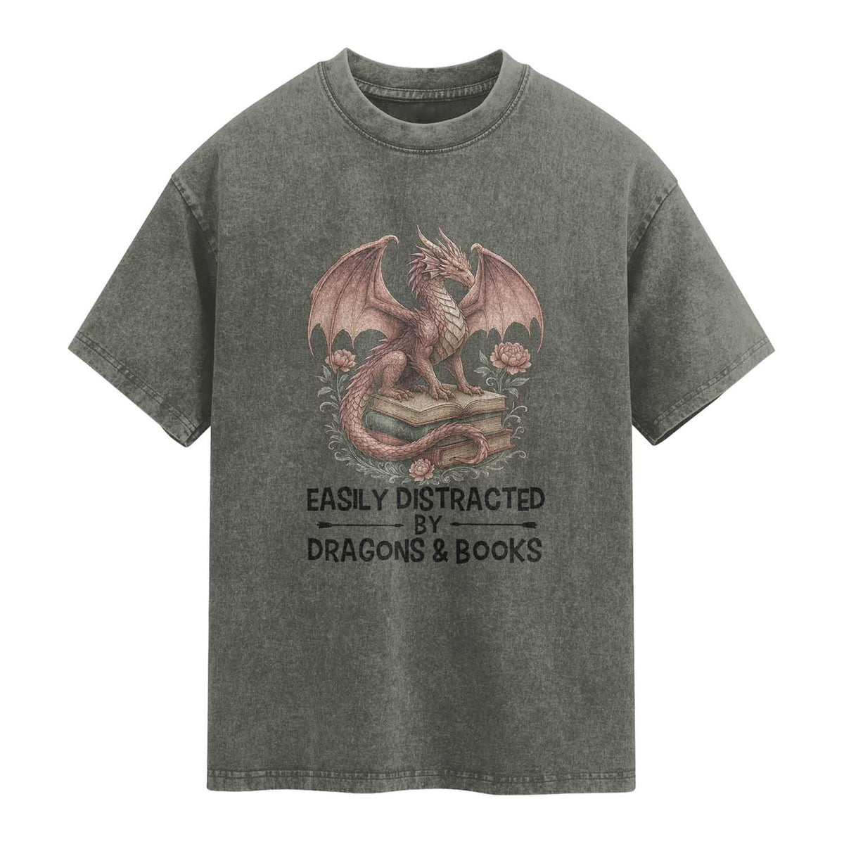 Easily Distracted By Dragon And Books Washed Cotton T-Shirt Funny Book Lover