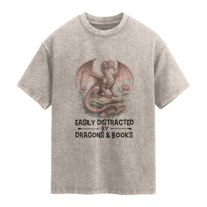Easily Distracted By Dragon And Books Washed Cotton T-Shirt Funny Book Lover
