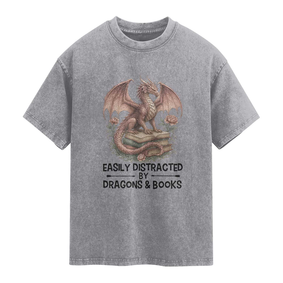 Easily Distracted By Dragon And Books Washed Cotton T-Shirt Funny Book Lover