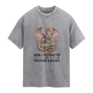 Easily Distracted By Dragon And Books Washed Cotton T-Shirt Funny Book Lover