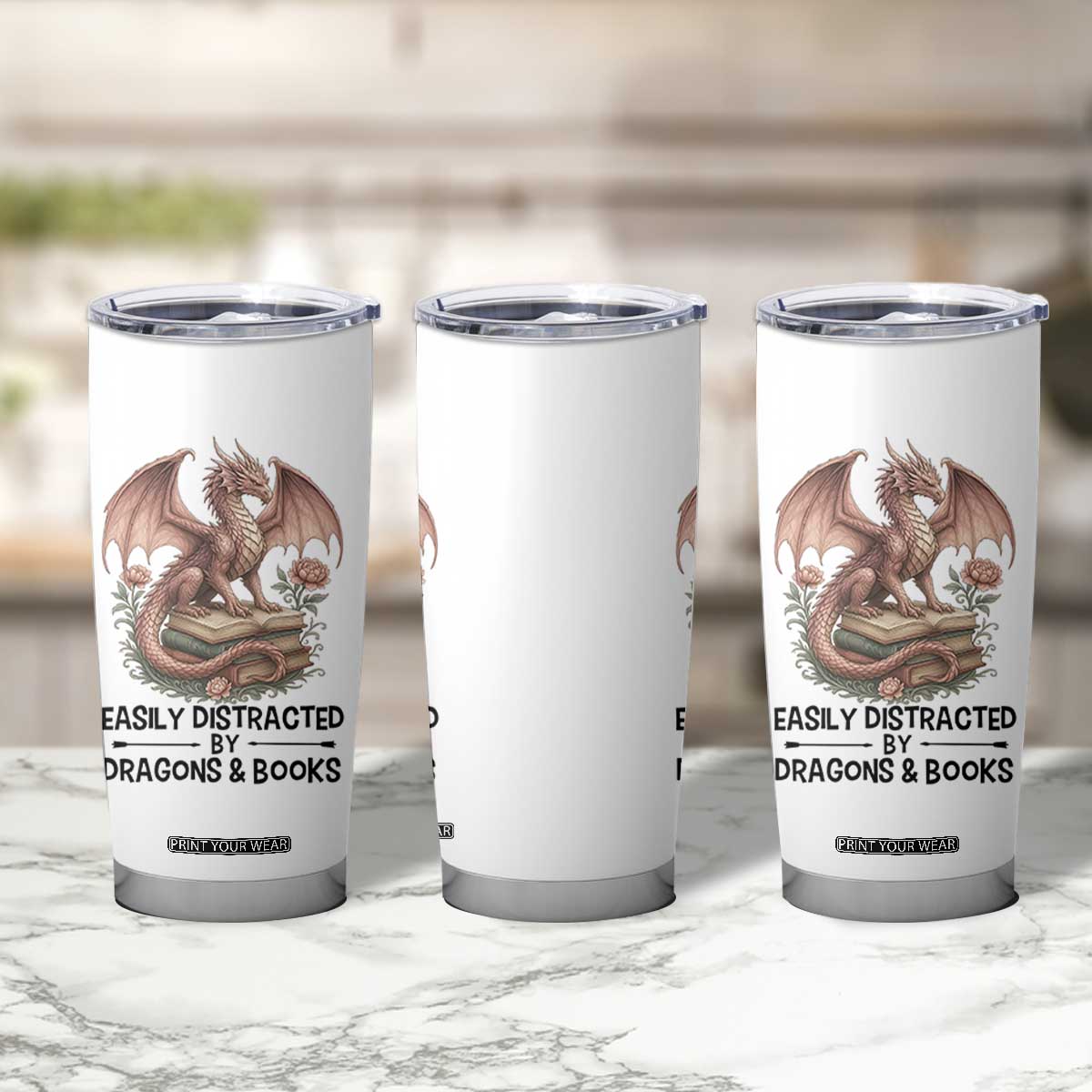 Easily Distracted By Dragon And Books Tumbler Cup Funny Book Lover TS12 Print Your Wear