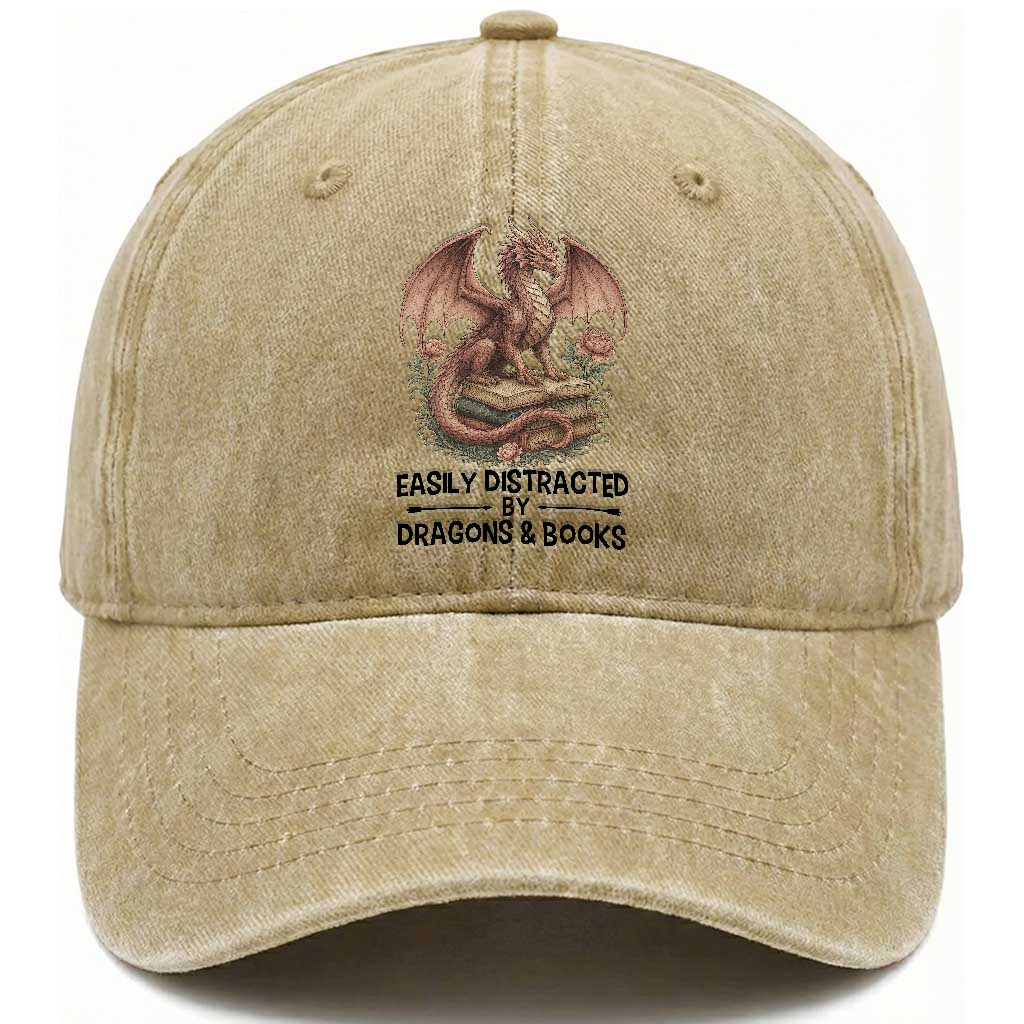 Easily Distracted By Dragon And Books Washed Cotton Baseball Cap Funny Book Lover TS12 Print Your Wear