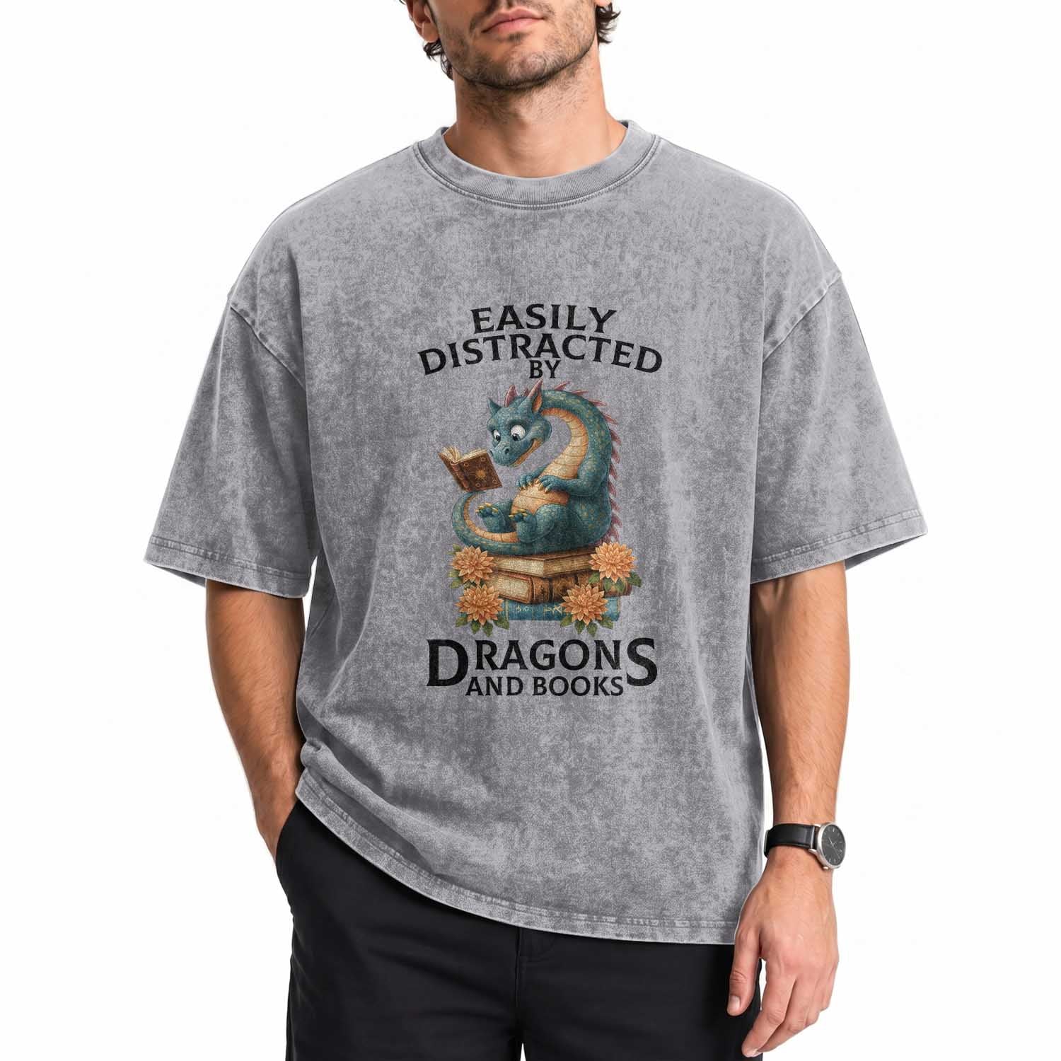 Easily Distracted By Dragon And Books Washed Cotton T-Shirt Cute Book Lover Gift
