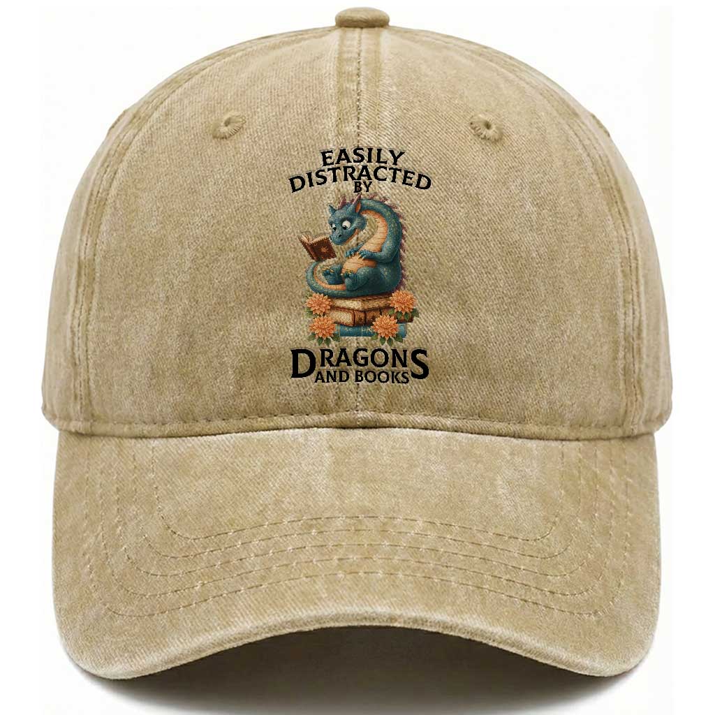 Easily Distracted By Dragon And Books Washed Cotton Baseball Cap Cute Book Lover Gift TS12 Print Your Wear