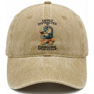 Easily Distracted By Dragon And Books Washed Cotton Baseball Cap Cute Book Lover Gift TS12 Print Your Wear