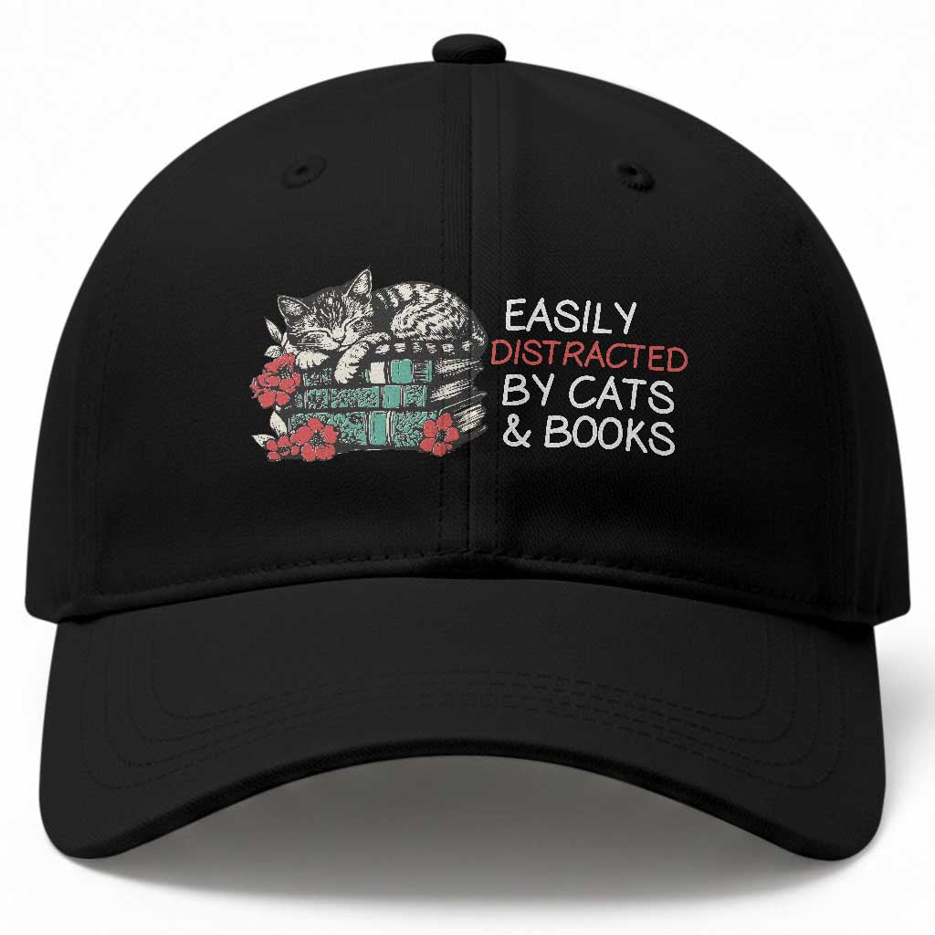 Easily Distracted By Cats And Books Baseball Cap Funny Book Lover Gift TS12 Print Your Wear