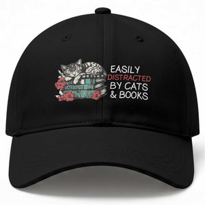 Easily Distracted By Cats And Books Baseball Cap Funny Book Lover Gift TS12 Print Your Wear