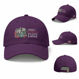 Easily Distracted By Cats And Books Baseball Cap Funny Book Lover Gift TS12 Baseball Cap Universal Fit Purple Print Your Wear
