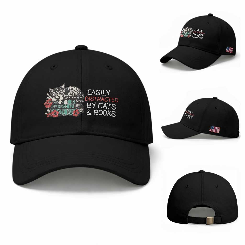 Easily Distracted By Cats And Books Baseball Cap Funny Book Lover Gift TS12 Baseball Cap Universal Fit Black Print Your Wear