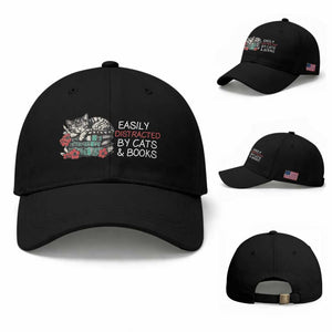 Easily Distracted By Cats And Books Baseball Cap Funny Book Lover Gift TS12 Baseball Cap Universal Fit Black Print Your Wear