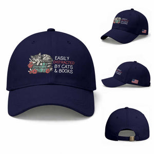 Easily Distracted By Cats And Books Baseball Cap Funny Book Lover Gift TS12 Baseball Cap Universal Fit Dark Blue Print Your Wear