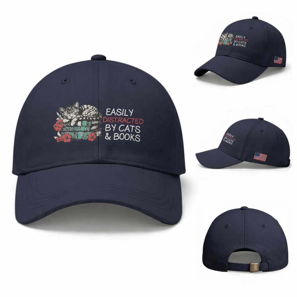 Easily Distracted By Cats And Books Baseball Cap Funny Book Lover Gift TS12 Baseball Cap Universal Fit Navy Print Your Wear