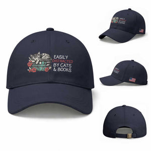 Easily Distracted By Cats And Books Baseball Cap Funny Book Lover Gift TS12 Baseball Cap Universal Fit Navy Print Your Wear