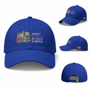 Easily Distracted By Cats And Books Baseball Cap Funny Book Lover Gift TS12 Baseball Cap Universal Fit Royal Blue Print Your Wear