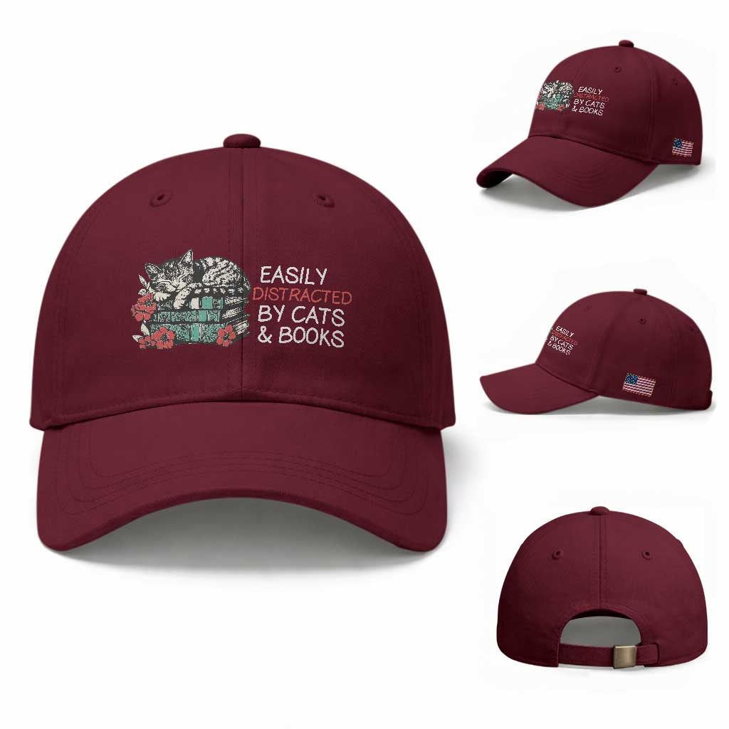 Easily Distracted By Cats And Books Baseball Cap Funny Book Lover Gift TS12 Baseball Cap Universal Fit Maroon Print Your Wear