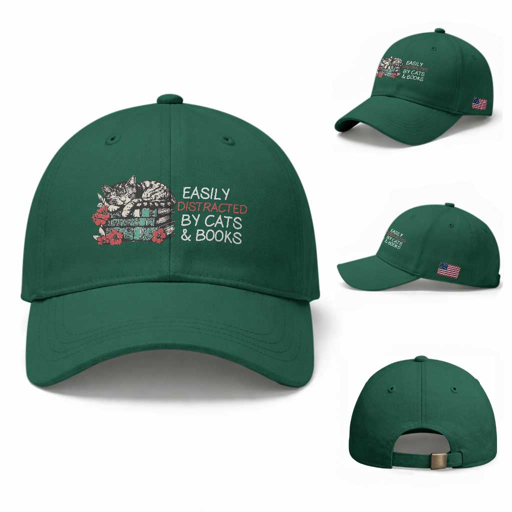 Easily Distracted By Cats And Books Baseball Cap Funny Book Lover Gift TS12 Baseball Cap Universal Fit Irish Green Print Your Wear