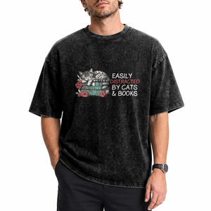 Easily Distracted By Cats And Books Washed Cotton T-Shirt Funny Book Lover Gift