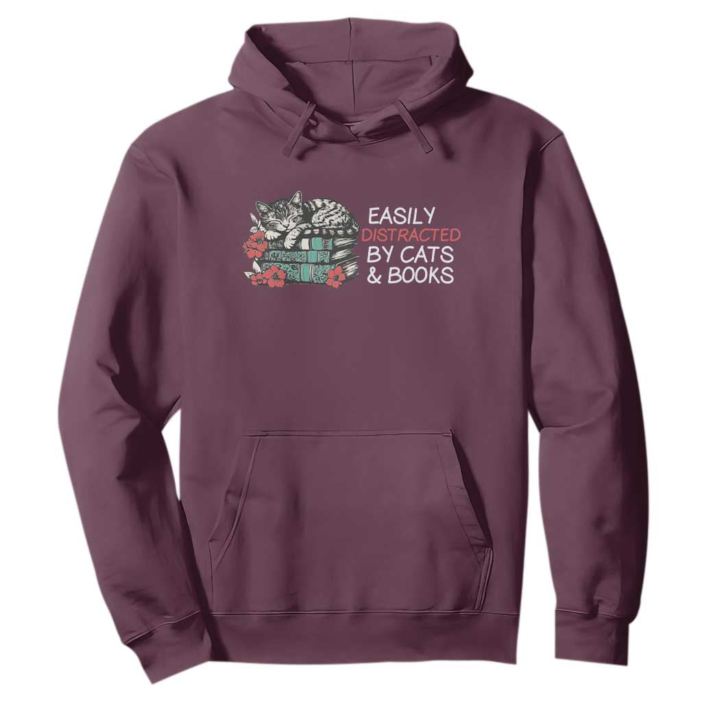 Easily Distracted By Cats And Books Hoodie Funny Book Lover Gift TS12 Maroon Print Your Wear