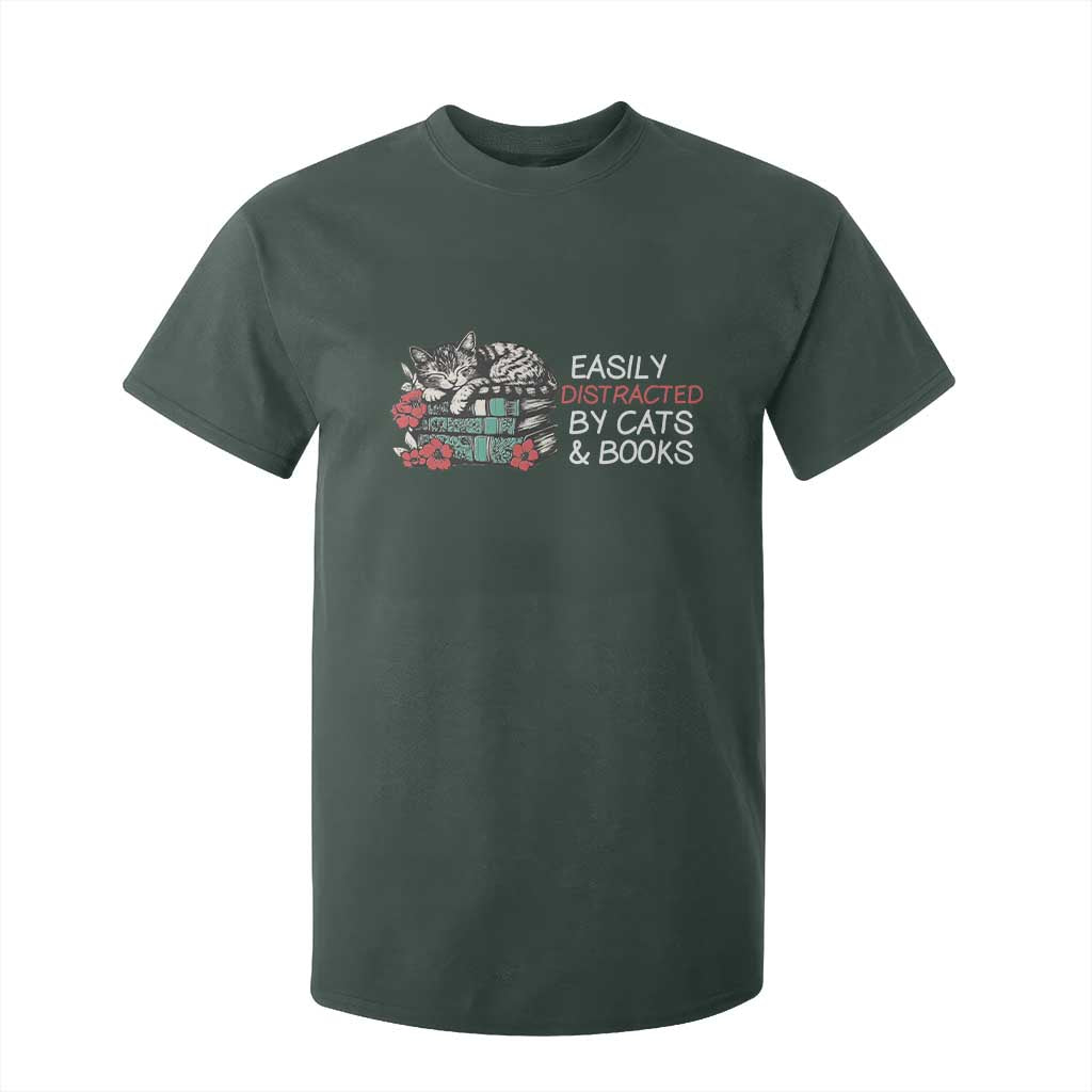 Easily Distracted By Cats And Books T Shirt For Kid Funny Book Lover Gift TS12 Dark Forest Green Print Your Wear