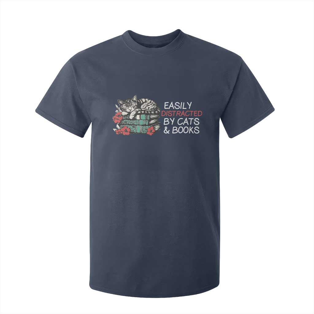 Easily Distracted By Cats And Books T Shirt For Kid Funny Book Lover Gift TS12 Navy Print Your Wear