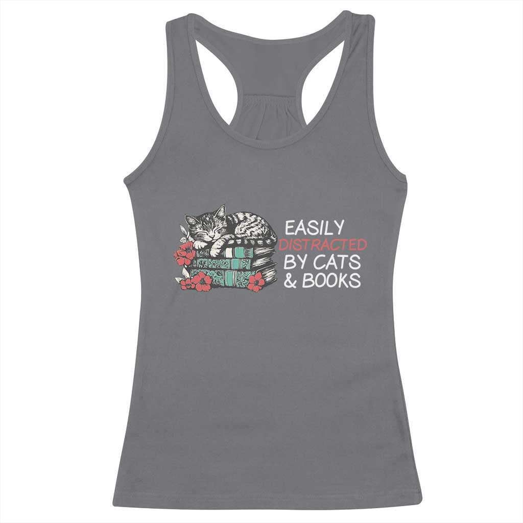 Easily Distracted By Cats And Books Racerback Tank Top Funny Book Lover Gift TS12 Charcoal Print Your Wear