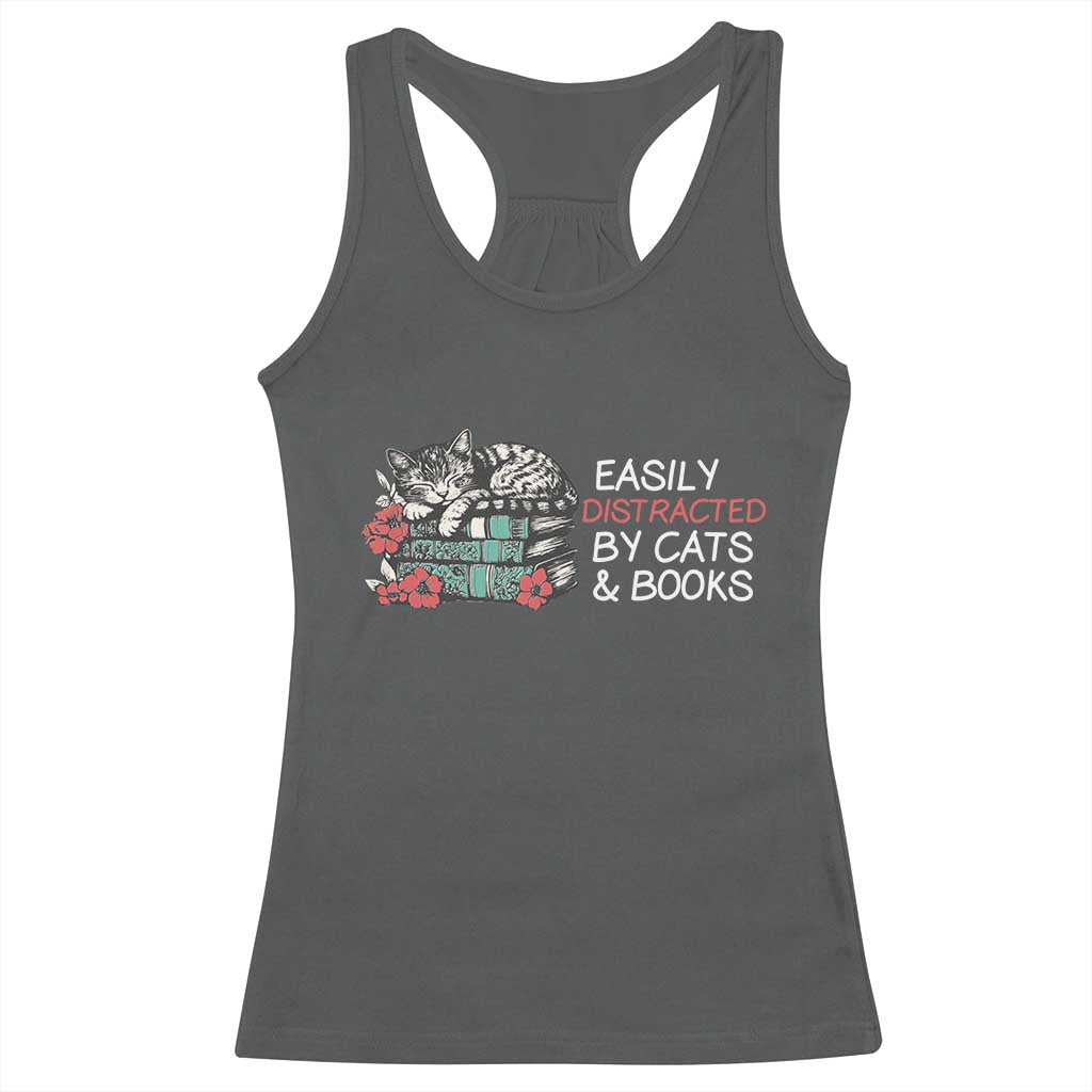 Easily Distracted By Cats And Books Racerback Tank Top Funny Book Lover Gift TS12 Dark Heather Print Your Wear