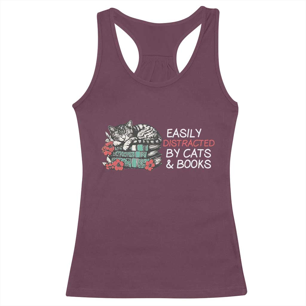Easily Distracted By Cats And Books Racerback Tank Top Funny Book Lover Gift TS12 Maroon Print Your Wear