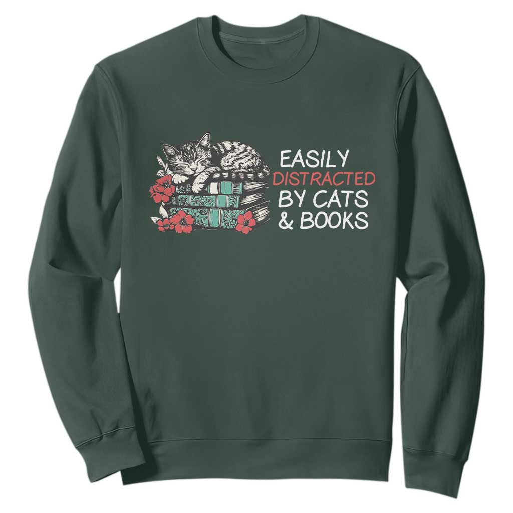 Easily Distracted By Cats And Books Sweatshirt Funny Book Lover Gift TS12 Dark Forest Green Print Your Wear