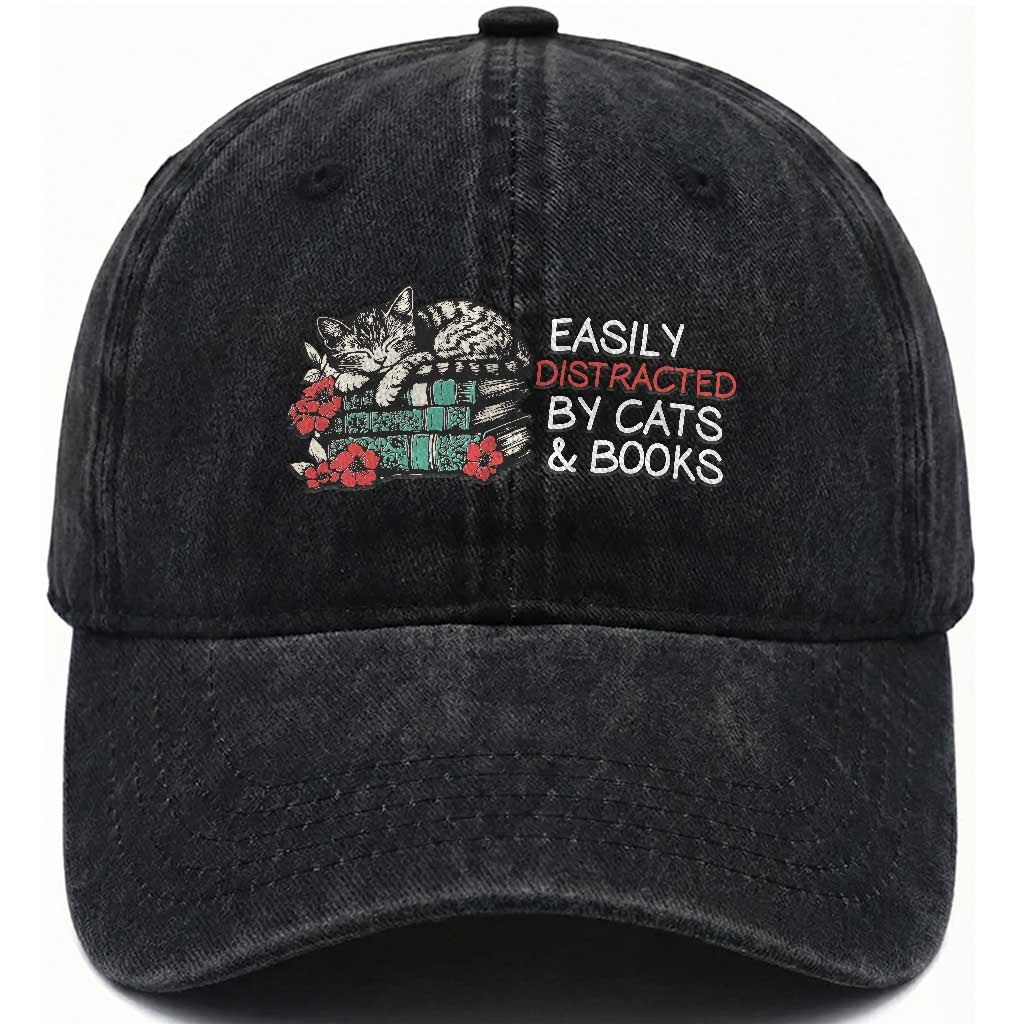 Easily Distracted By Cats And Books Washed Cotton Baseball Cap Funny Book Lover Gift TS12 Print Your Wear