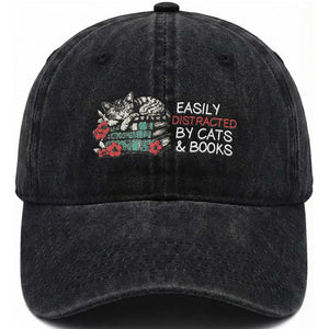Easily Distracted By Cats And Books Washed Cotton Baseball Cap Funny Book Lover Gift TS12 Print Your Wear