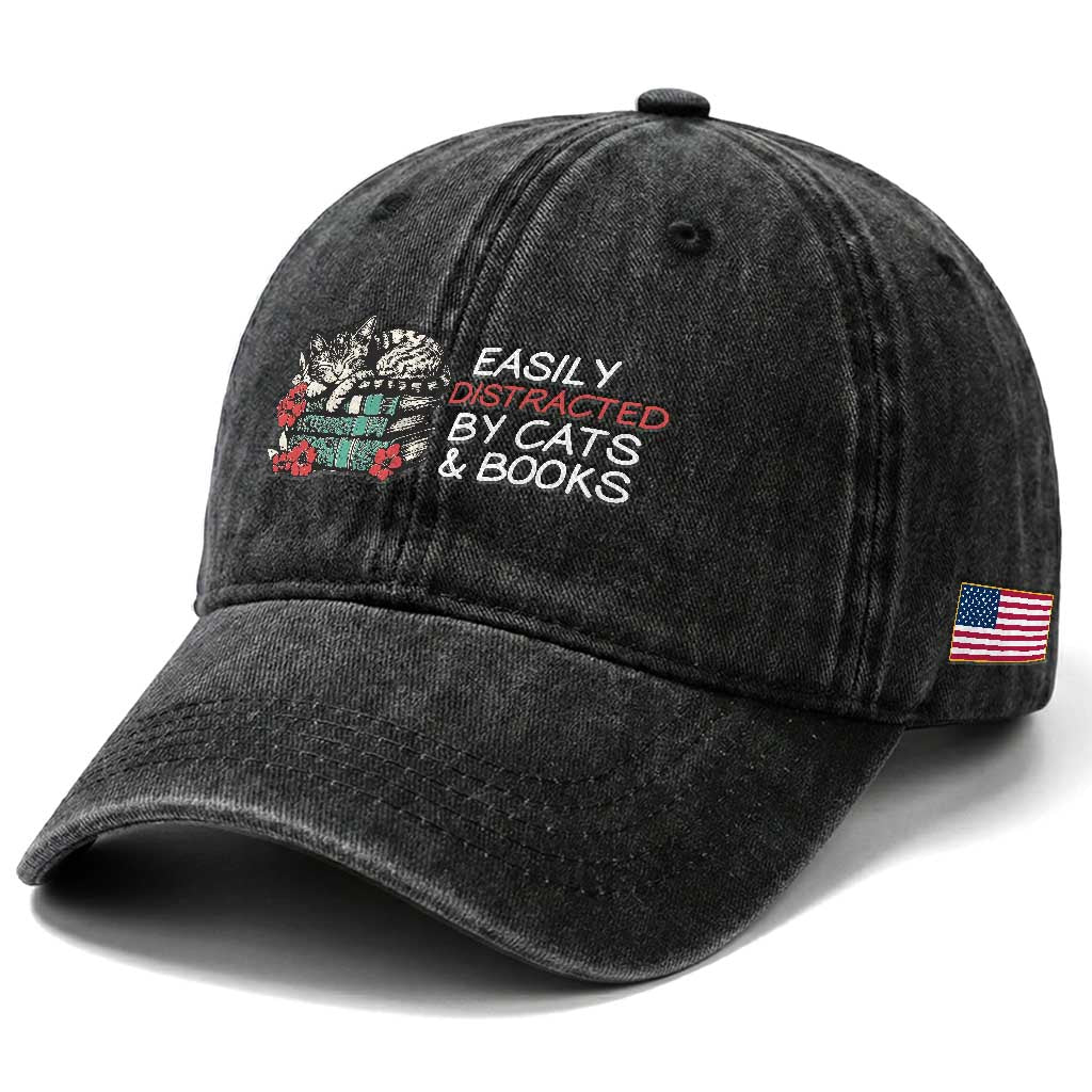Easily Distracted By Cats And Books Washed Cotton Baseball Cap Funny Book Lover Gift TS12 Print Your Wear