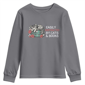 Easily Distracted By Cats And Books Youth Sweatshirt Funny Book Lover Gift TS12 Charcoal Print Your Wear