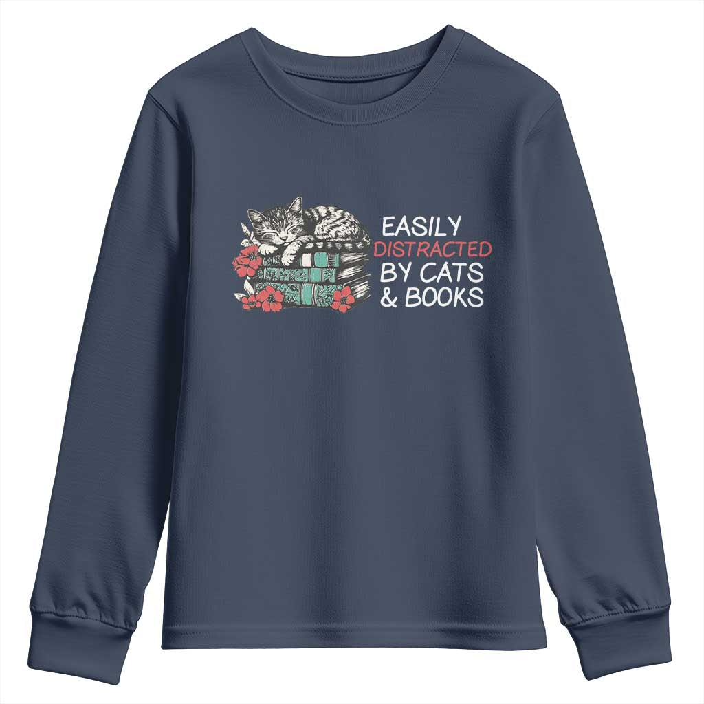 Easily Distracted By Cats And Books Youth Sweatshirt Funny Book Lover Gift TS12 Navy Print Your Wear