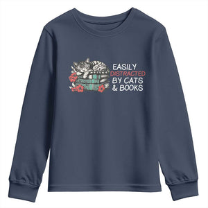 Easily Distracted By Cats And Books Youth Sweatshirt Funny Book Lover Gift TS12 Navy Print Your Wear