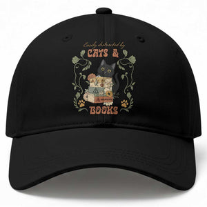 Cute Bookworm Gift Baseball Cap Easily Distracted By Cats And Books TS12 Print Your Wear