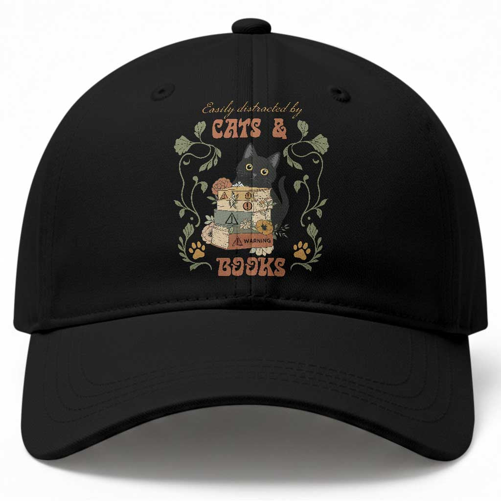 Cute Bookworm Gift Baseball Cap Easily Distracted By Cats And Books TS12 Print Your Wear