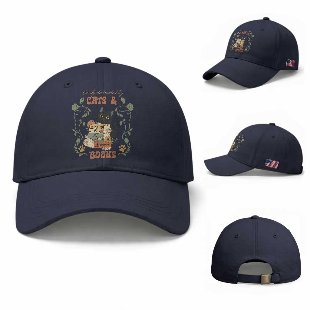 Cute Bookworm Gift Baseball Cap Easily Distracted By Cats And Books TS12 Baseball Cap Universal Fit Navy Print Your Wear