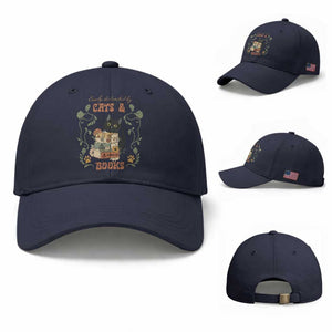 Cute Bookworm Gift Baseball Cap Easily Distracted By Cats And Books TS12 Baseball Cap Universal Fit Navy Print Your Wear