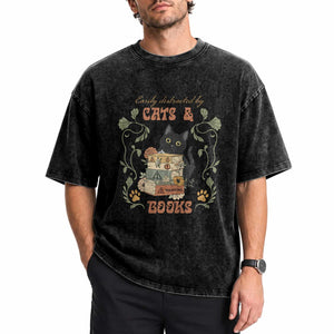 Cute Bookworm Gift Washed Cotton T-Shirt Easily Distracted By Cats And Books