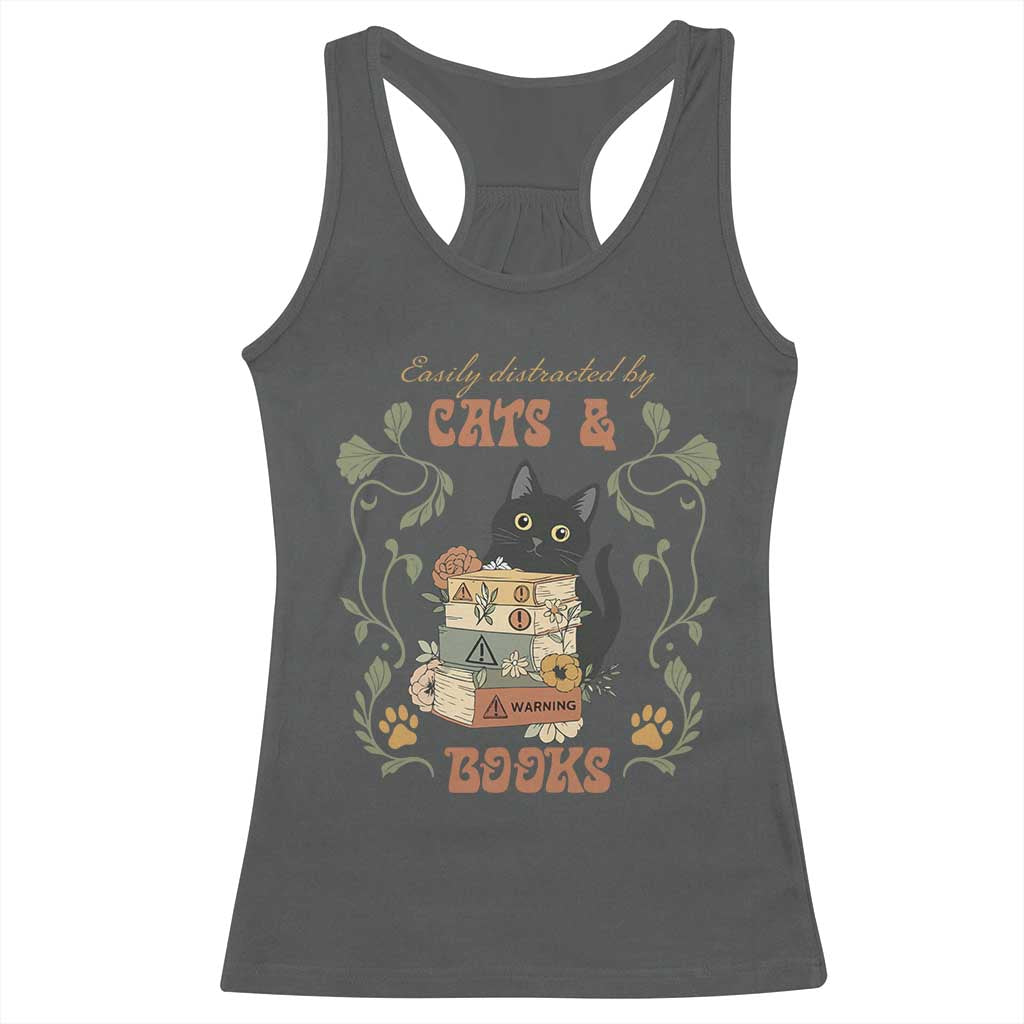 Cute Bookworm Gift Racerback Tank Top Easily Distracted By Cats And Books TS12 Dark Heather Print Your Wear