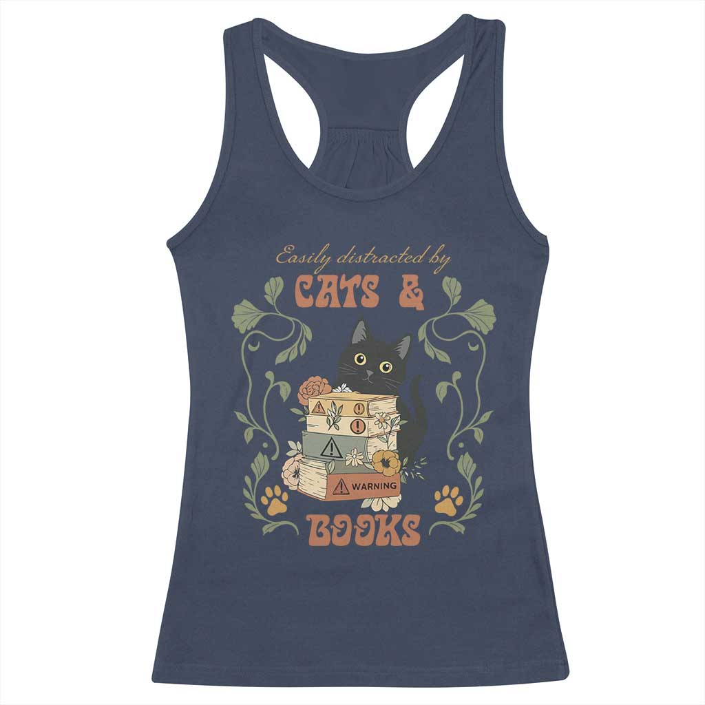 Cute Bookworm Gift Racerback Tank Top Easily Distracted By Cats And Books TS12 Navy Print Your Wear