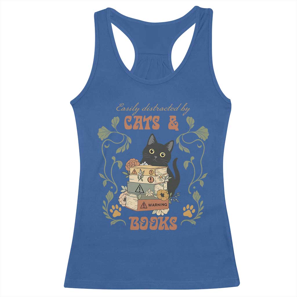 Cute Bookworm Gift Racerback Tank Top Easily Distracted By Cats And Books TS12 Royal Blue Print Your Wear