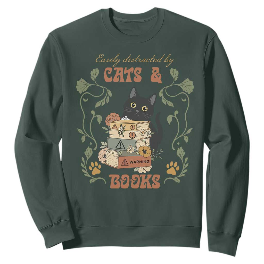 Cute Bookworm Gift Sweatshirt Easily Distracted By Cats And Books TS12 Dark Forest Green Print Your Wear