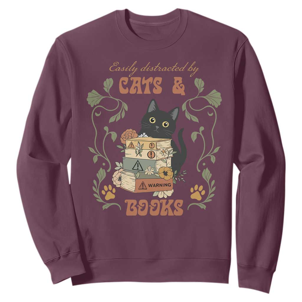 Cute Bookworm Gift Sweatshirt Easily Distracted By Cats And Books TS12 Maroon Print Your Wear