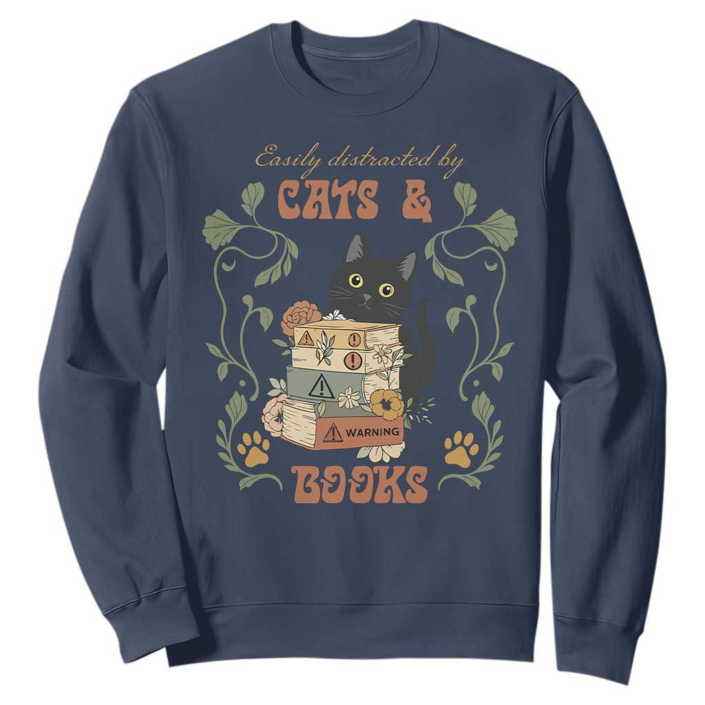 Cute Bookworm Gift Sweatshirt Easily Distracted By Cats And Books TS12 Navy Print Your Wear