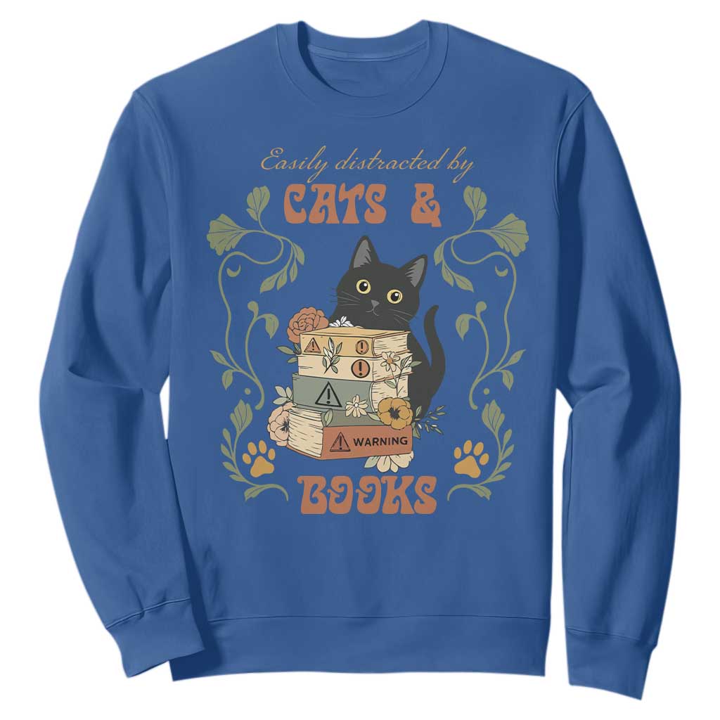 Cute Bookworm Gift Sweatshirt Easily Distracted By Cats And Books TS12 Royal Blue Print Your Wear