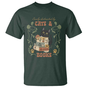 Cute Bookworm Gift T Shirt Easily Distracted By Cats And Books TS12 Dark Forest Green Print Your Wear