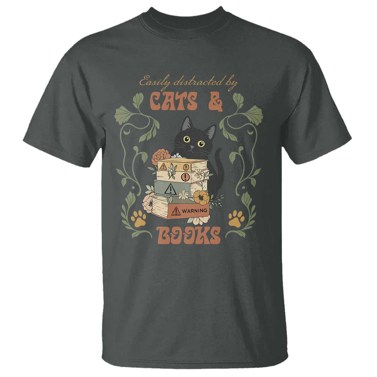 Cute Bookworm Gift T Shirt Easily Distracted By Cats And Books TS12 Dark Heather Print Your Wear