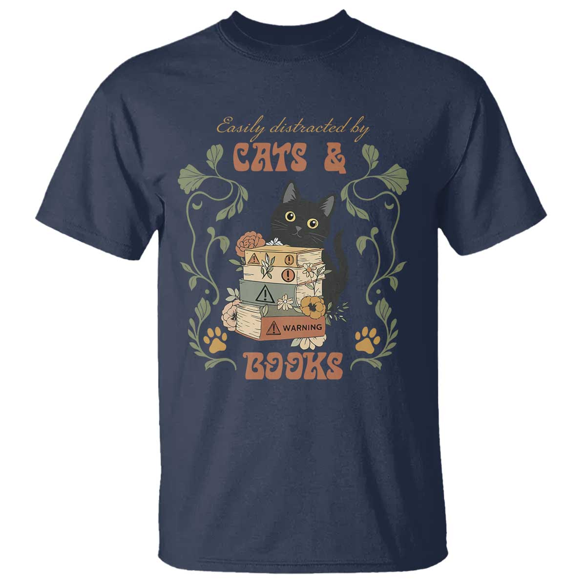 Cute Bookworm Gift T Shirt Easily Distracted By Cats And Books TS12 Navy Print Your Wear