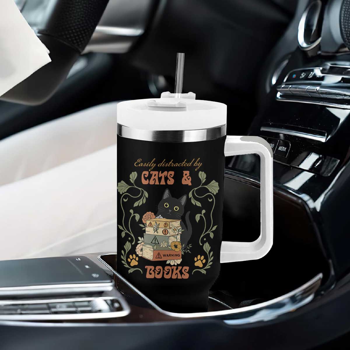 Cute Bookworm Gift Tumbler With Handle Easily Distracted By Cats And Books TS12 Print Your Wear